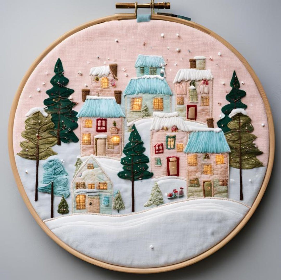 Christmas Village Embroidery Pattern: Pastel Colors, Trees (digital ...