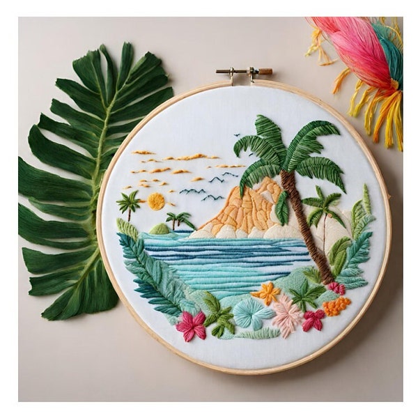 Tropical Island embroidery pattern | PDF downloadable file | Hand Embroidered Digital Design