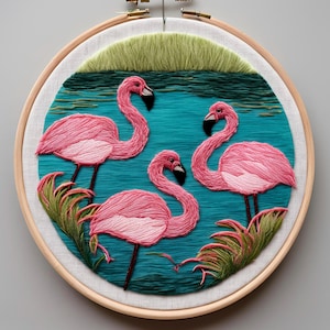 Flamingos in water embroidery pattern | downloadable file | Hand Embroidered Digital Design