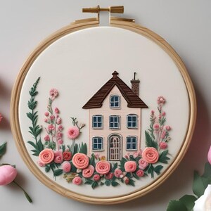 Floral House Embroidery Pattern: Romantic DIY Design (Digital Download)