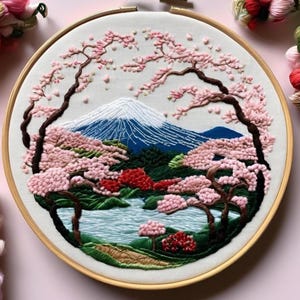 Vue sur la montagne en fleurs de cerisier, volcan enneigé, incroyable motif de broderie fleurs de sakura | fichier téléchargeable | Conception numérique brodée à la main