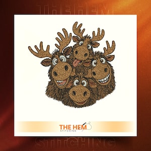 May include: Embroidered design featuring four cartoon moose with brown fur and antlers. Each moose has a unique expression, with some smiling and one sticking out its tongue. The Hem Stitching logo is at the bottom.