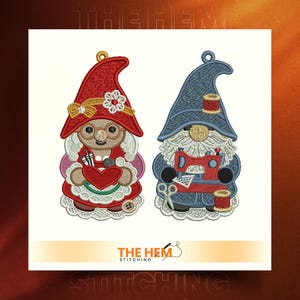May include: Two embroidered gnome ornaments. One gnome wears a red hat and holds a heart, the other wears a blue hat and holds a sewing machine. Both have white beards and are decorated with sewing-related items. The Hem Stitching logo is at the bottom.