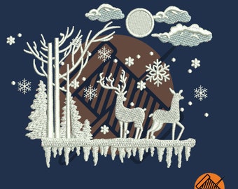 May include: White embroidered design of a winter scene with two deer, trees, and snowflakes on a dark blue background.