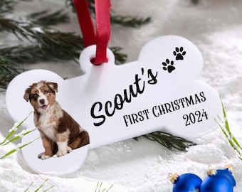 Pet's first Christmas Bone shaped Ornament, Custom Ornament with Puppy's photo and name