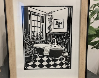 Vintage bathtub linocut