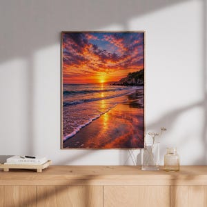 Peut inclure: Une impression d'art mural rectangulaire verticale représentant un coucher de soleil vibrant sur une plage côtière. Le ciel est rempli de nuages orange, roses et violets, tandis que le soleil se reflète sur le sable mouillé et les vagues.