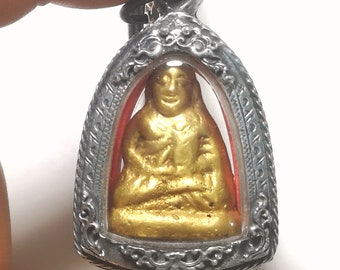 Phra LP Ngoen Wat Bangkran Pim Keta Thai Amulet Casting Statue BE.1972 Holy Mix Brass Gold Old,Case,Necklace Set Charm Gift AA02