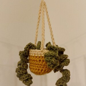 Op de afbeelding: Een gehaakte hangende plantenpot met een gele en crème pot en groene bladeren. De pot hangt aan een wit plafond.