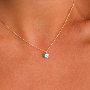 14k Solid Gold Turquoise Enamel Evil Eye Necklace, Dainty Minimalist Protection Charm Evil Eye Necklace, Spiritual Turkish Evil Eye Pendant