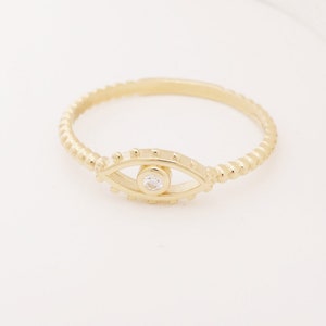 14k Solid Gold Evil Eye Ring, Beaded Band Ring, Stacking Ball Ring, Zircon Bubble Ring, Lucky Charm Ring, Good Luck Ring, Religijny Ring