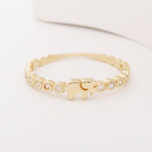Kleiner Elefant Ring, 14k Solid Gold CZ Band Stacking Baby Elefant Ring, Zirkonia Band Niedlicher Mini Elefant Ring, viel Glück Tier Ring