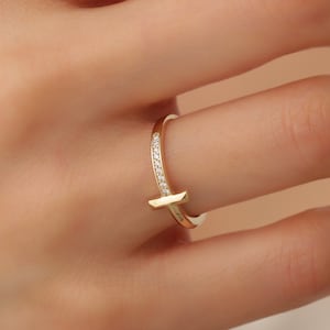 14k Solid Gold Vertical Bar Ring, Half Zircon Band Ring, Rectangle Line Ring, Thin Bar Ring, Simple Everyday Ring, Delicate Ring