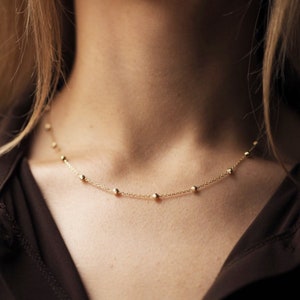 14k Solid Gold Bead Station Necklace, Beaded Satellite Chain Necklace, Gold Layering Ball Station Necklace, Minimalist Everyday Necklace
