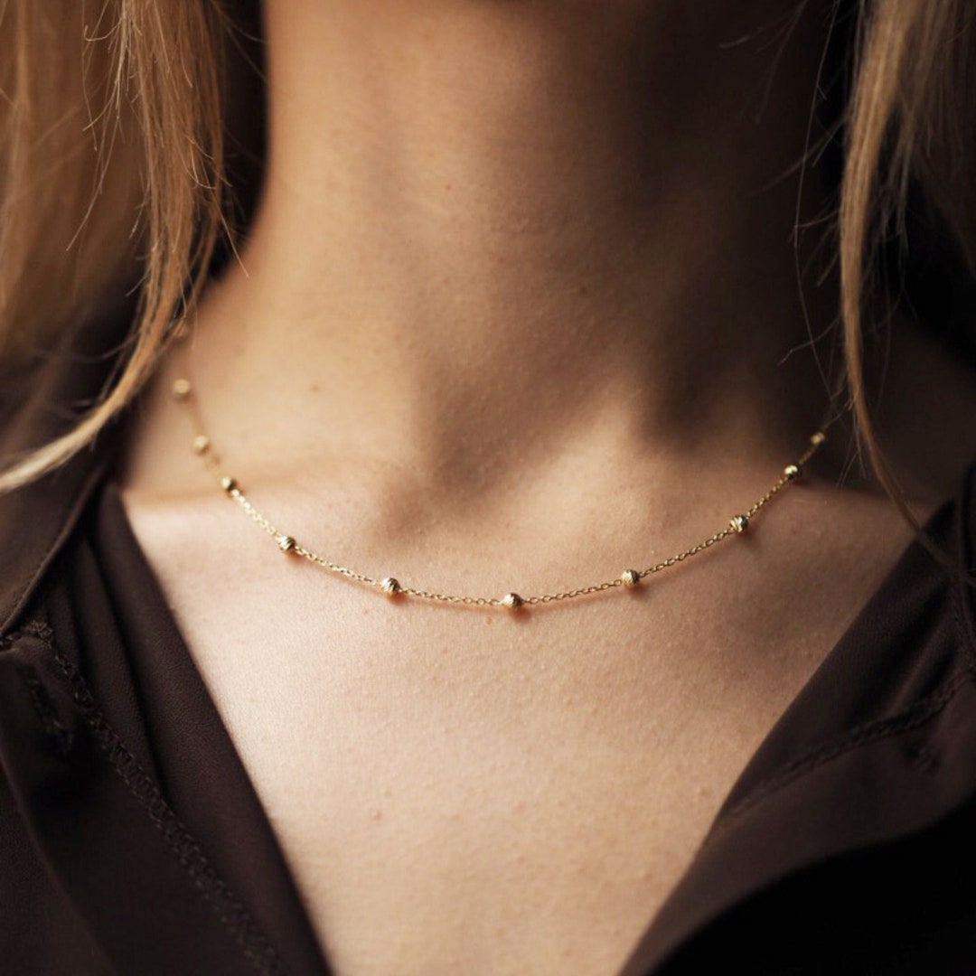 14k Solid Gold Bead Station Necklace, Beaded Satellite Chain Necklace