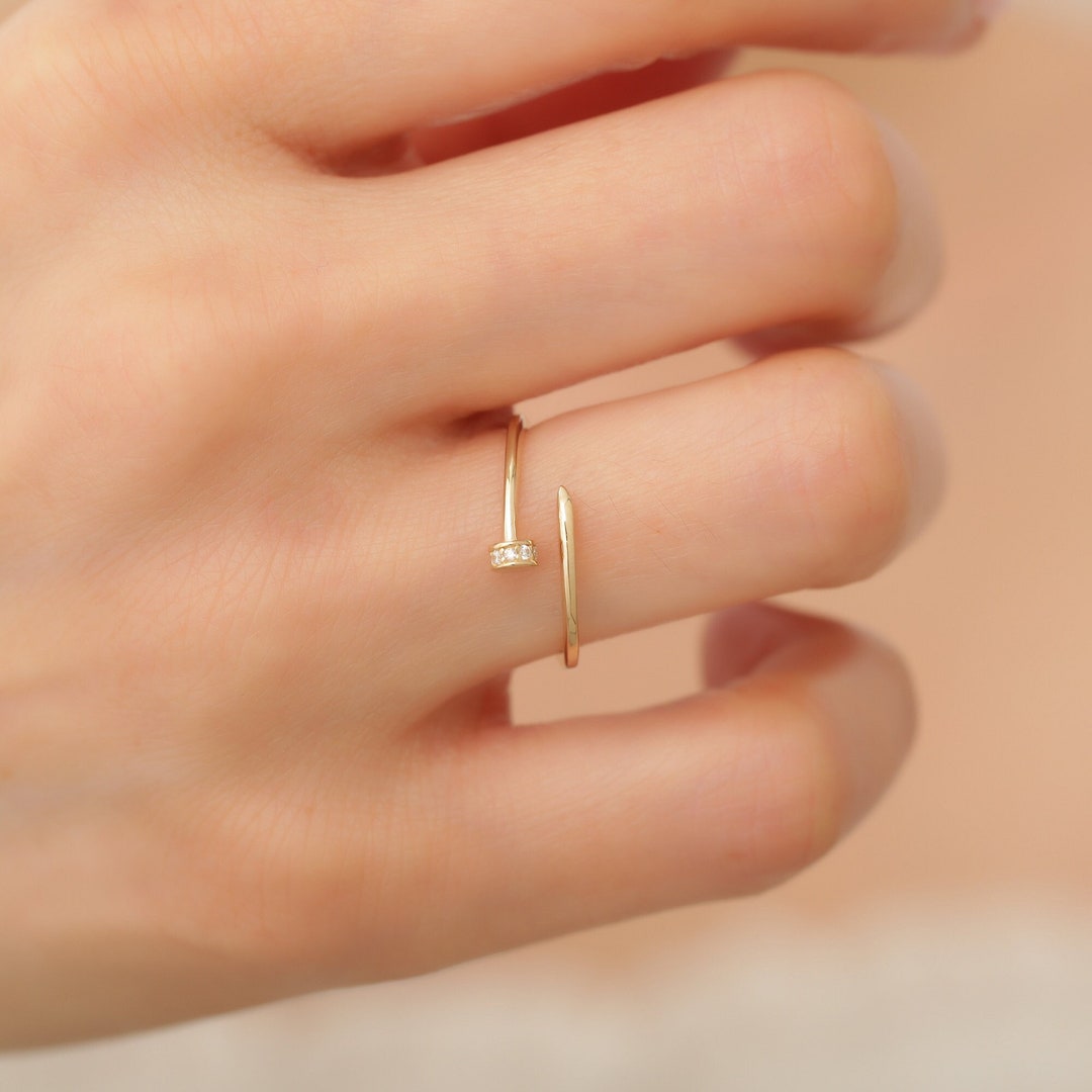 14k Solid Gold Spiral Nail Ring, Dainty Wrap Around Ring, Open Twisted