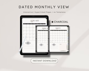 CHARCOAL Digital Dated Monthly View, Interactive & Hyperlinked, Minimalist Journal Template for GoodNotes,Notability, Android and Apple