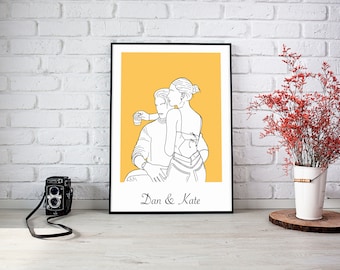 May include: A black framed print with a yellow background and a line drawing of a couple embracing. The text "Dan & Kate" is at the bottom of the print.