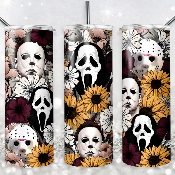 Horror Floral 20 oz Skinny Tumbler Sublimation Design, Digital Download PNG, Halloween Tumbler PNG, 20oz Tumbler Design