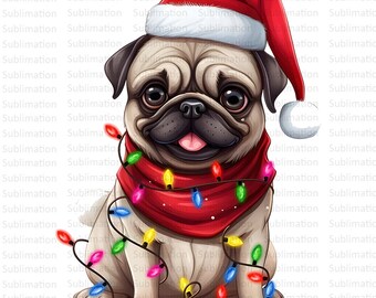 Christmas Pug Dog Png, Pug Png Design, Western Christmas Png, Santa Hat Dog Png, Christmas Light Png, Instant Download