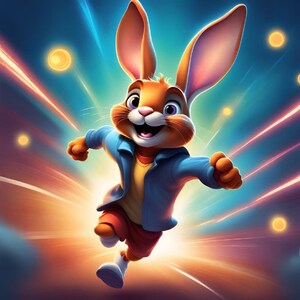 May include: A cartoon illustration of a happy, running rabbit with orange fur, long ears, and a blue jacket. The rabbit is wearing a yellow shirt and red shorts. The background features streaks of light and glowing orbs.