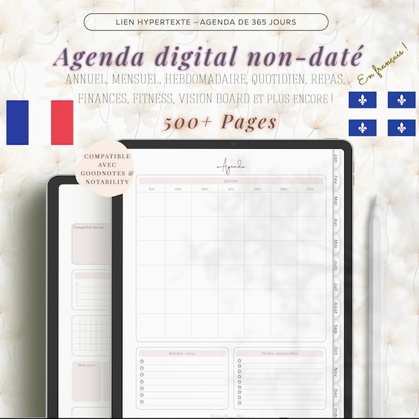 Agenda numérique non daté en français, agenda sans date, mensuel hebdomadaire quotidien, planificateur interactif digital planner ligne PDF