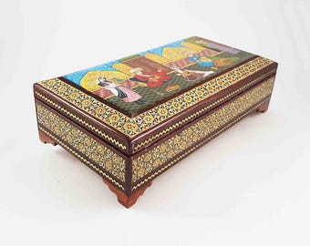 Khatam Marquetry Jewelry Box, Hand-Painted Miniature, Inlaid Wooden Box, K3-227
