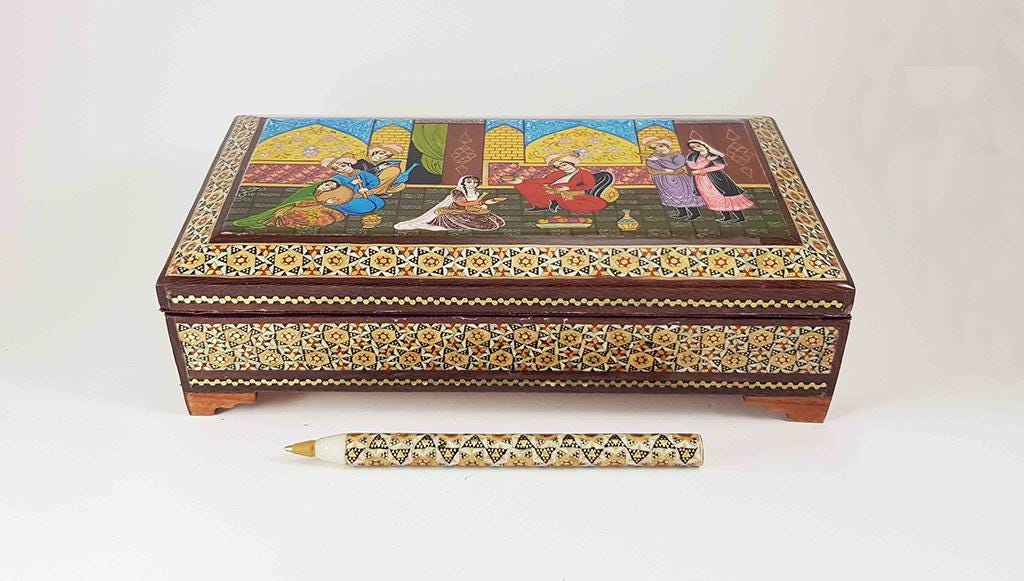 ハンドメイドのKhatam象嵌ジュエリーボックス、手描きミニチュア、K3