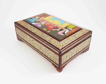 Handmade Khatam Marquetry Jewelry Box, Hand-Painted Miniature, K3-198