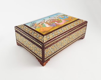 Handmade Jewelry Chest, Perfect Khatam Product, Khatam Kari Wooden box, Hand painted Miniature, Inlaid Jewelry Box, K3-212