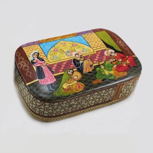 May include: A rectangular wooden box with a colorful painted scene of people in traditional clothing. The box has a decorative border with intricate patterns.