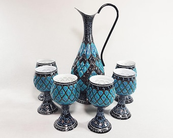 Exquisite Hand-Painted Minakari Pitcher and Goblet Set, Enamel, Enameling, Miniature, Mina, Minakari, M3-124