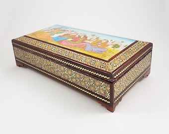 Khatam Marquetry Jewelry Box, Hand-Painted Miniature, Inlaid Wooden Box, K3-201
