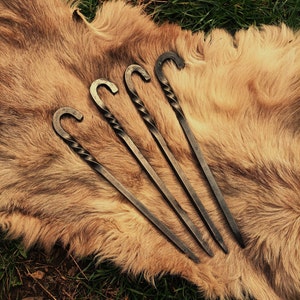May include: Five metal tent pegs with a curved hook at the top. The pegs are arranged in a fan shape on a brown fur background.