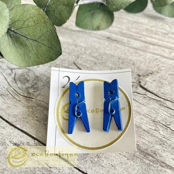 Miniature Clothespin Stud Earrings. Cute, quirky, unique, upcycled, novelty earrings. Gift for boho/hippie, crafters, creators, artists.