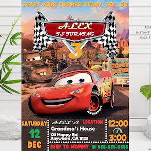Cars Birthday Invitation Template, Lightning McQueen Party Birthday Invitation, Editable Boys Birthday Invitation, Kids Party,Cars Invite