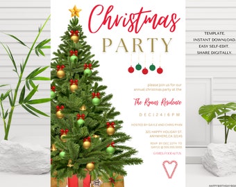 May include: A Christmas party invitation featuring a festive green Christmas tree adorned with red and gold baubles. The invitation includes the text "Christmas Party", "The Ryans Residence", "Dec 24 6PM", "Hosted by Gayle and Chris Ryan", "321 Happy Holiday St. Anywhere, CA 32145", "RSVP by Dec 10th to Gayle 555.555.5555", and "Games Food & Fun".