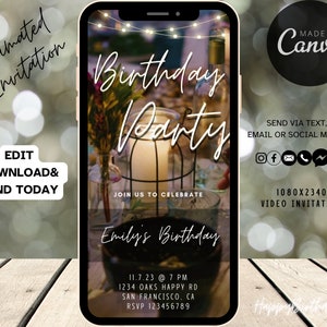 Animated Birthday dinner video invitation,digital birthday party invitation,text invitation dinner party,birthday dinner,canva template,