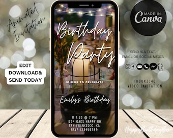 Convite de vídeo animado para jantar de aniversário, convite de festa de aniversário digital, jantar de convite de texto, jantar de aniversário, modelo canva,