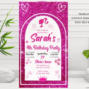 Doll Birthday Invitation Template Girls Birthday Invitation Princess Doll Invite Glitter Pink Invitation Canva Editable Template Barbie