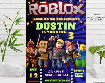 Roblox Invitation, Roblox Invite, Game Party, Roblox Boys Birthday Invitation Template, Game Birthday, Kids Roblox, Editable Template, Canva