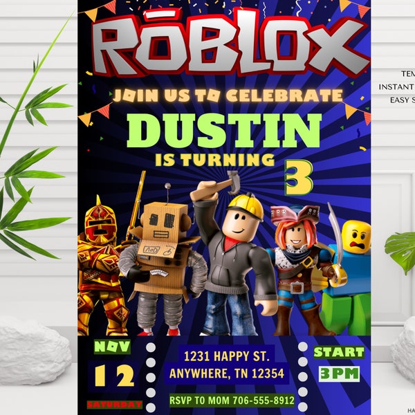 Roblox Invitation, Roblox Invite, Game Party, Roblox Boys Birthday Invitation Template, Game Birthday, Kids Roblox, Editable Template, Canva