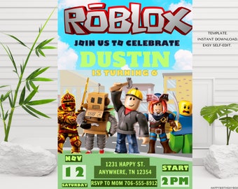Roblox Invitation, Roblox Invite, Game Party, Roblox Boys Birthday Invitation Template, Game Birthday, Kids Roblox, Editable Template, Canva