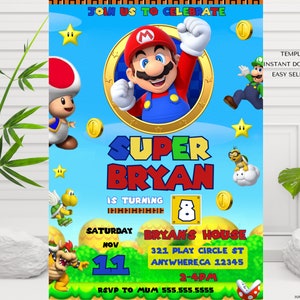 Mario Bros Invitation, Super Mario Birthday Invitation, Super Brothers boy Invite, Video Game, Kid Invite, Editable Template, Editable Canva