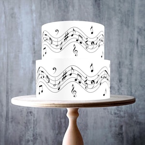 Notes de musique, motif de portée ondulée, clé de sol, décoration comestible de bordure de ruban de gâteau, feuille de glaçage, carte de gaufrette, emballage de gâteau, impressions comestibles