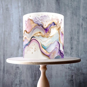 Emballage comestible à motif vague rose pastel, violet et or autour de gâteau, feuille de glaçage, carte gaufrette, emballage de gâteau, impressions comestibles