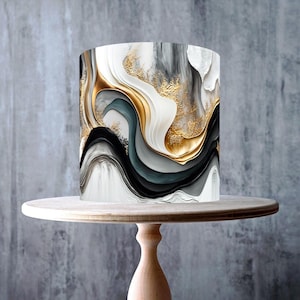 Emballage comestible abstrait motif vagues en marbre doré, noir et blanc autour de gâteau, feuille de glaçage, carte gaufrette, emballage de gâteau, impressions comestibles