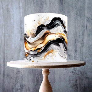 Emballage comestible abstrait motif marbre fluide noir, or et blanc pour gâteau, feuille de glaçage, carte gaufrette, emballage de gâteau, impressions comestibles