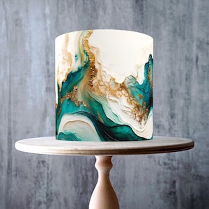 Decorazione per torta commestibile con motivo a vortice in marmo verde acqua, bianco e oro, foglio di GLASSA, carta WAFER, involucro per torta, stampe commestibili