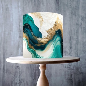 Enveloppe comestible en forme de tourbillon de marbre bleu sarcelle, blanc et doré autour de gâteau, feuille de glaçage, carte gaufrette, emballage de gâteau, impressions comestibles